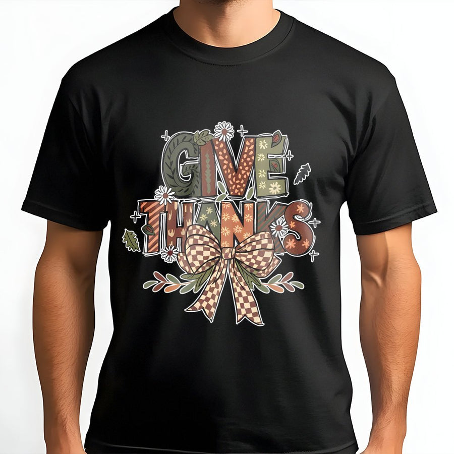 Give Thanks T-Shirt | Retro Fall Bow Graphic Print | Premium Soft Cotton Tee | Cute Thanksgiving Outfit Gift For Women