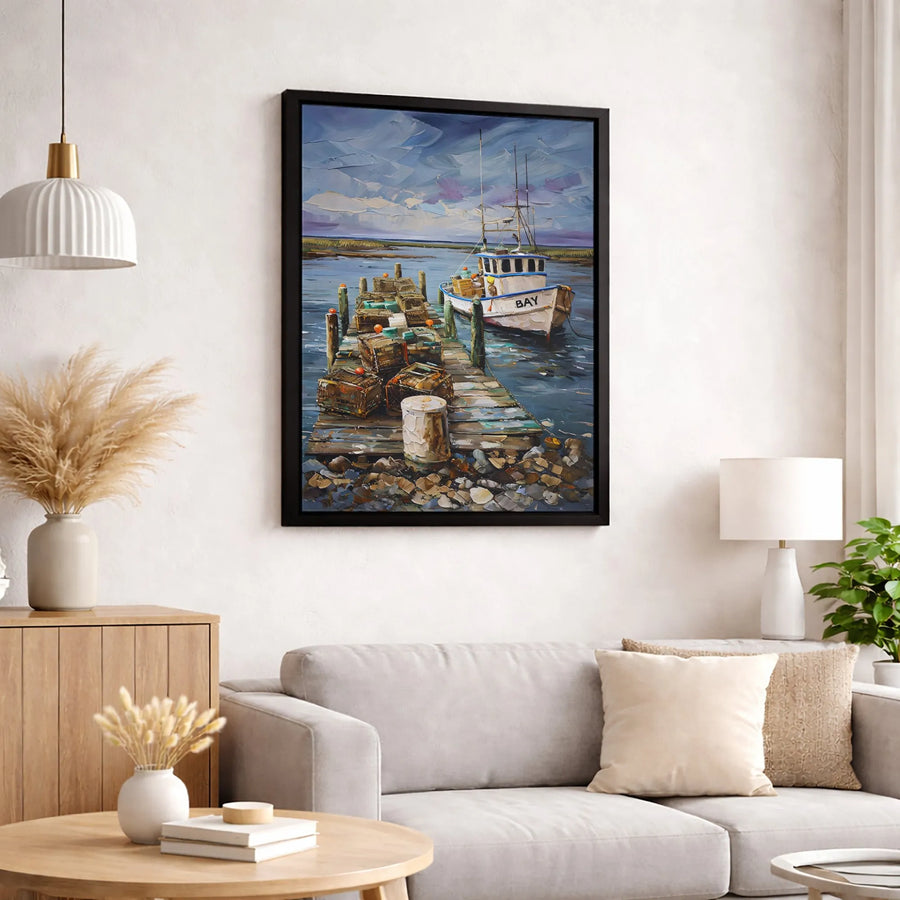 Coastal Fishing Boat Canvas Wall Art | Impasto Style Harbor Scene with Lobster Traps | 1.25" Premium Gallery Wrapped Print | Nautical Home Decor Gift