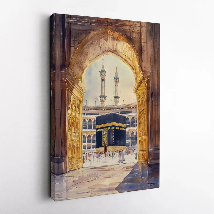 Watercolor Kaaba Canvas Wall Art | Grand Mosque Mecca Painting | Premium Gallery Wrap Print | Spiritual Islamic Home Decor Gift for Muslims