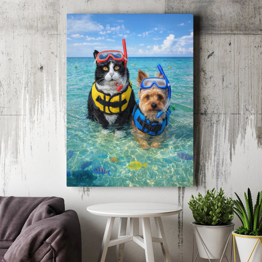 Funny Cat and Dog Canvas Art | Snorkeling Pets Tropical Beach Scene | Premium Matte Canvas Print | Humorous Wall Decor Gift for Pet Owner