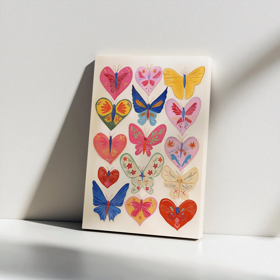 Butterfly Heart Wall Art | Colorful Folk Art Style Canvas Print | Gallery Wrap 1.25 Inch Thick | Whimsical Nursery or Living Room Decor Gift