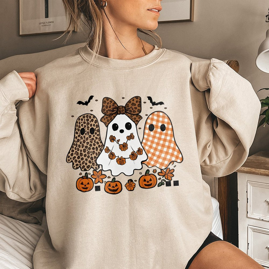 Cute Ghost Halloween Sweatshirt | Leopard Plaid Spooky Fall Crewneck | Premium Cotton Blend | Gift for Women & Teens