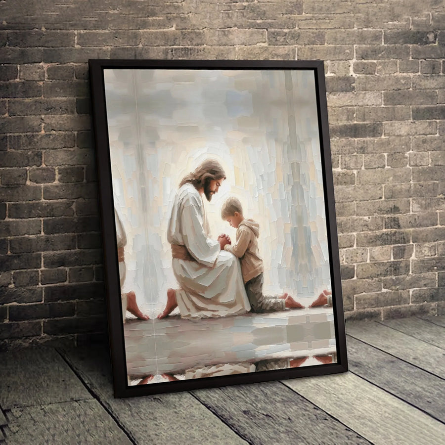 Jesus Kneeling With Child Canvas | Spiritual Prayer Wall Art | Premium Gallery-Wrapped Print | Religious Christian Gift for Home Decor