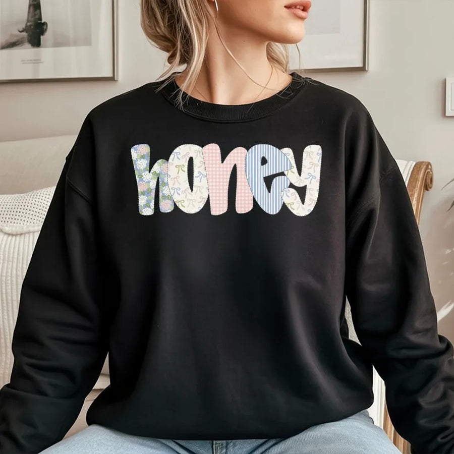 Coquette Honey Sweatshirt | Preppy Floral Bow Patchwork Graphic | Soft Cotton Blend | Aesthetic Spring Gift for Her