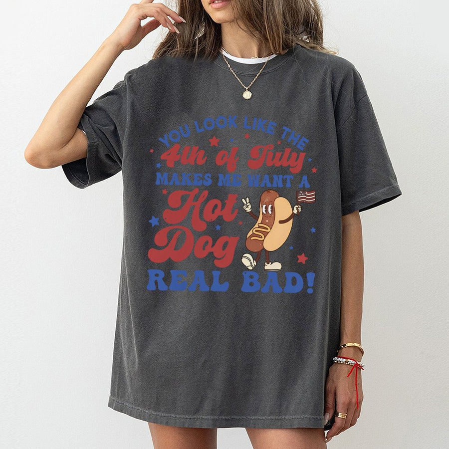 4th of July Hot Dog T-Shirt | Retro Cartoon Food Design | Premium 100% Cotton | Funny Independence Day Party Gift for Foodies