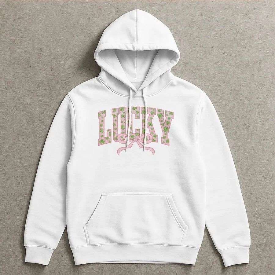 Lucky Shamrock Hoodie | Pink Varsity Letter with Bow Graphic | Premium Cotton Blend | St. Patricks Day Gift for Women