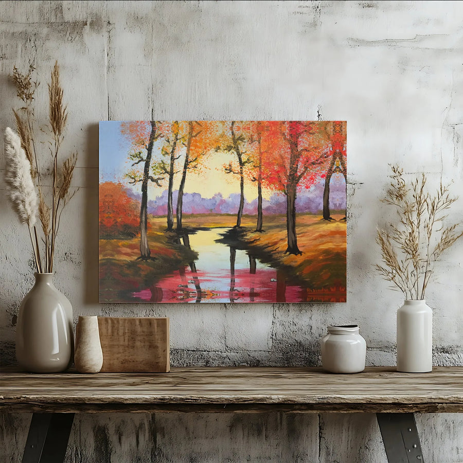 Autumn Forest Canvas Wall Art | Vibrant Fall Foliage River Reflection | Premium Gallery Wrapped Decor | Nature Lover Gift for Home Office