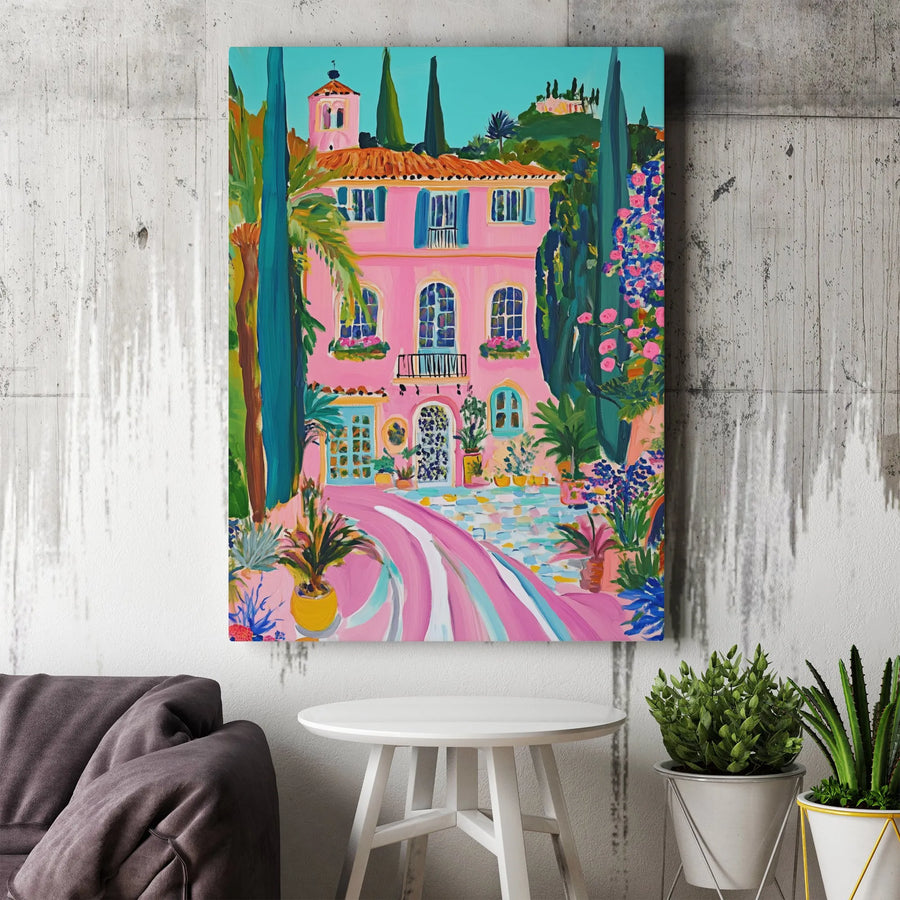 Pink Italian Villa Canvas Print | Mediterranean Garden Wall Art | 1.25 Inch Gallery Wrap | Elegant Coastal Home Decor Gift