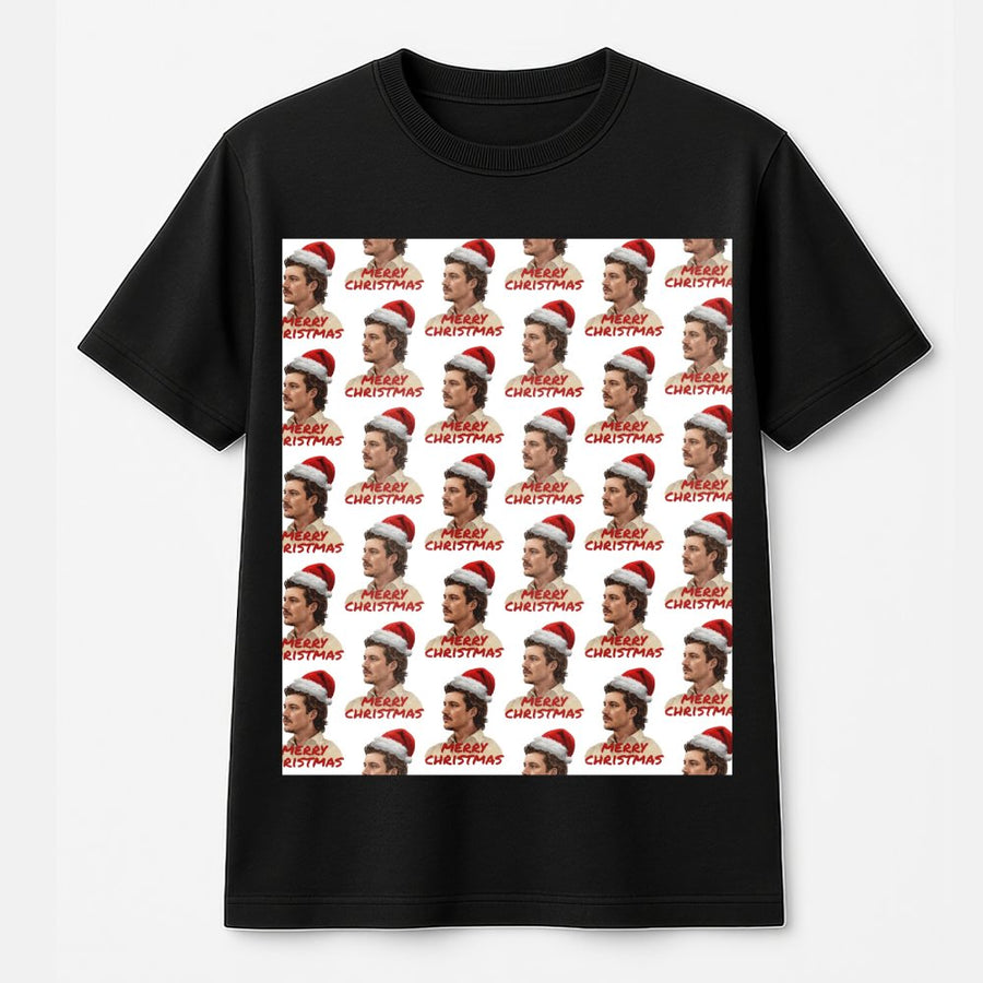 Christmas Graphic T-Shirt | Retro Santa Hat Man Pattern Print | 100% Cotton Premium Tee | Fun Holiday Festive Gift for Him and Her
