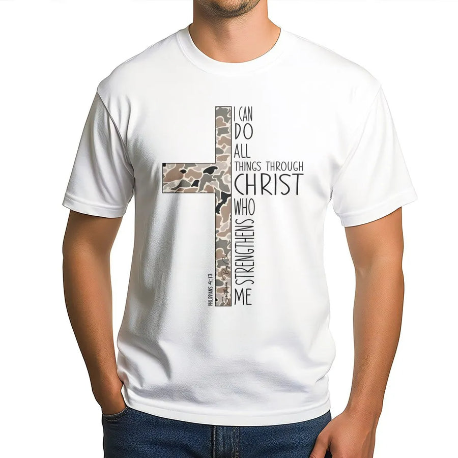Philippians 4:13 T-Shirt | Camo Cross Graphic Bible Verse | Premium Cotton Faith Tee | Christian Gift for Men and Women