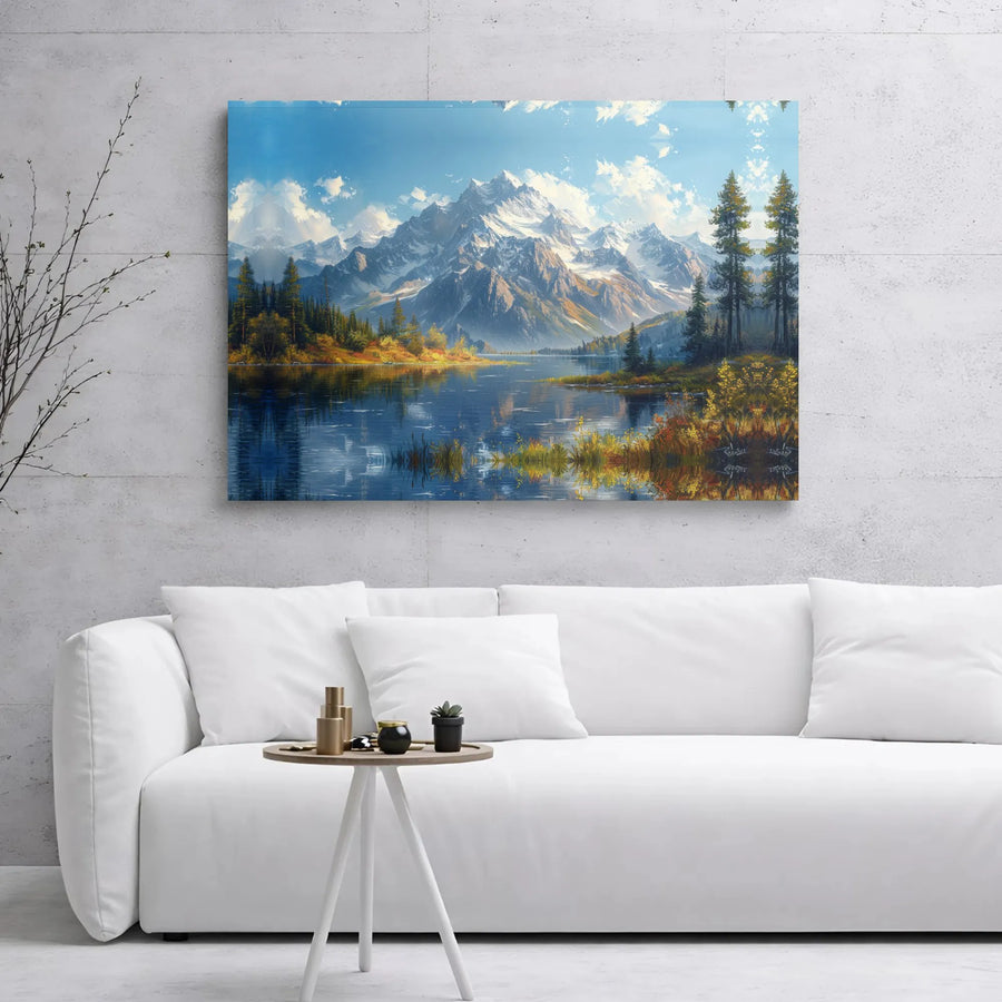 Mountain Lake Canvas Wall Art | Snowy Peaks Landscape Print | Premium Gallery Wrap Decor | Nature Lover Living Room Gift
