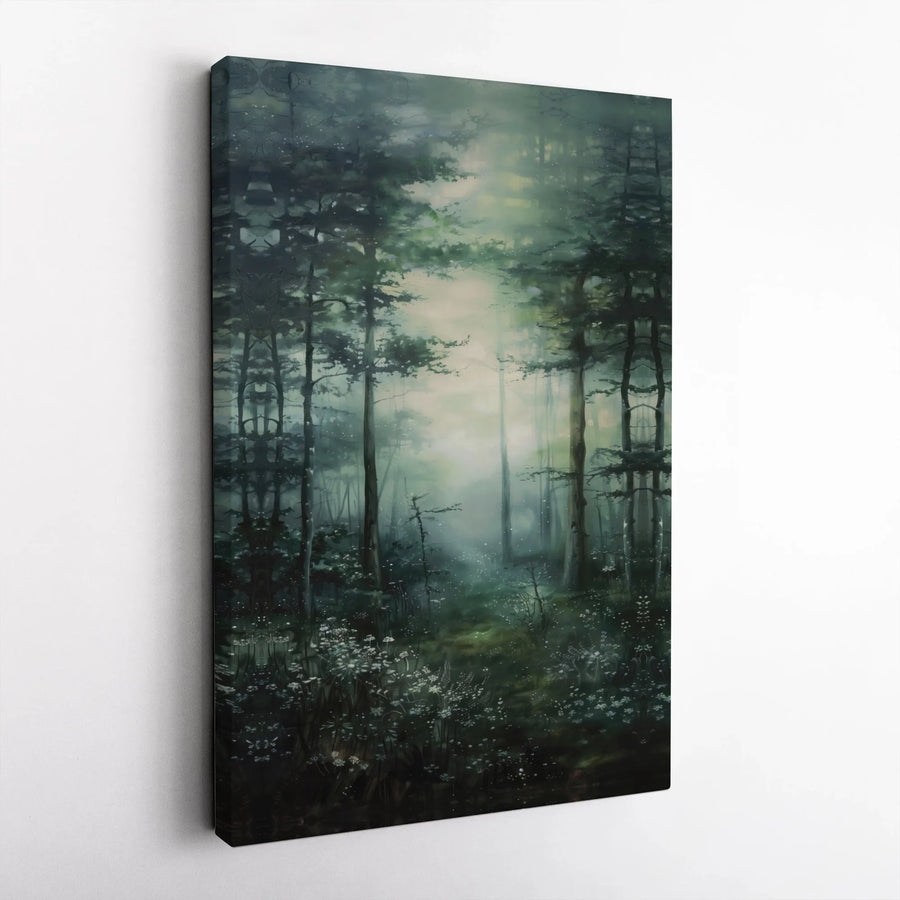 Misty Forest Canvas Wall Art | Moody Woodland Painting with Ethereal Pine Trees | Premium Fade-Resistant Print | Nature Lover Home Decor Gift