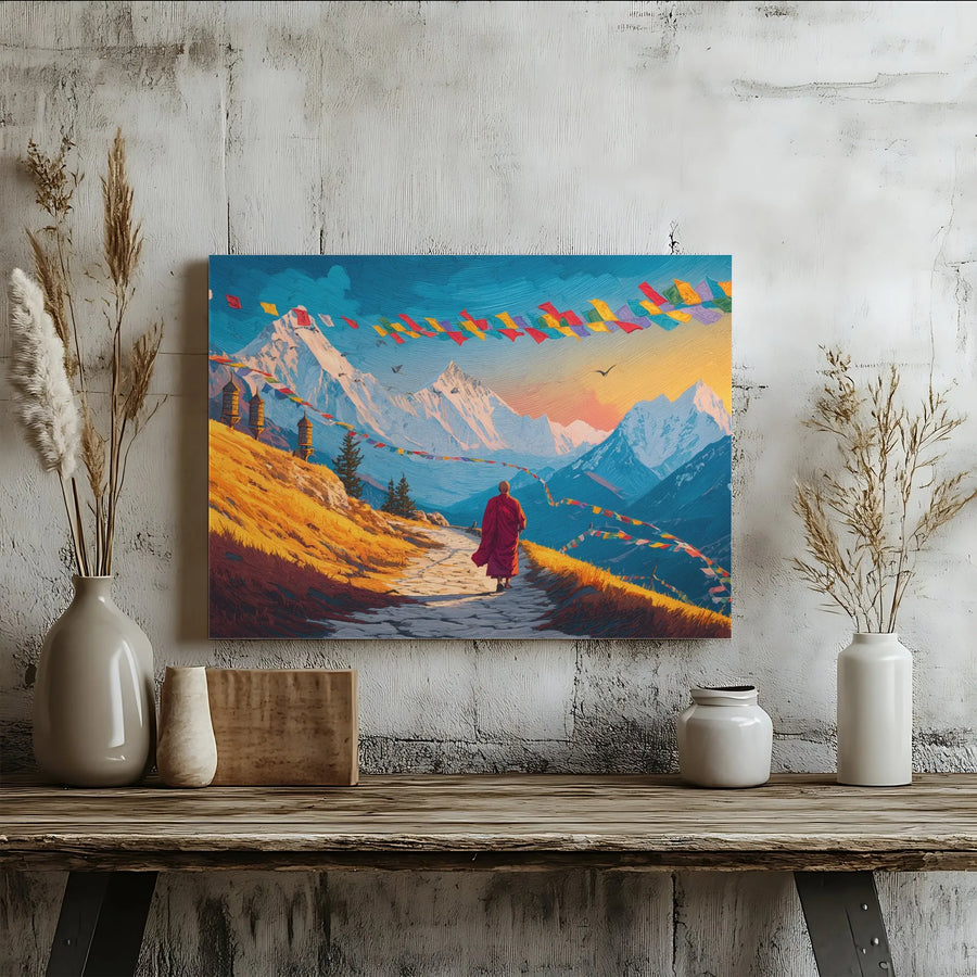 Tibetan Monk Canvas Print | Himalayan Mountain Path with Prayer Flags | Premium Gallery Canvas | Spiritual Home Decor Gift