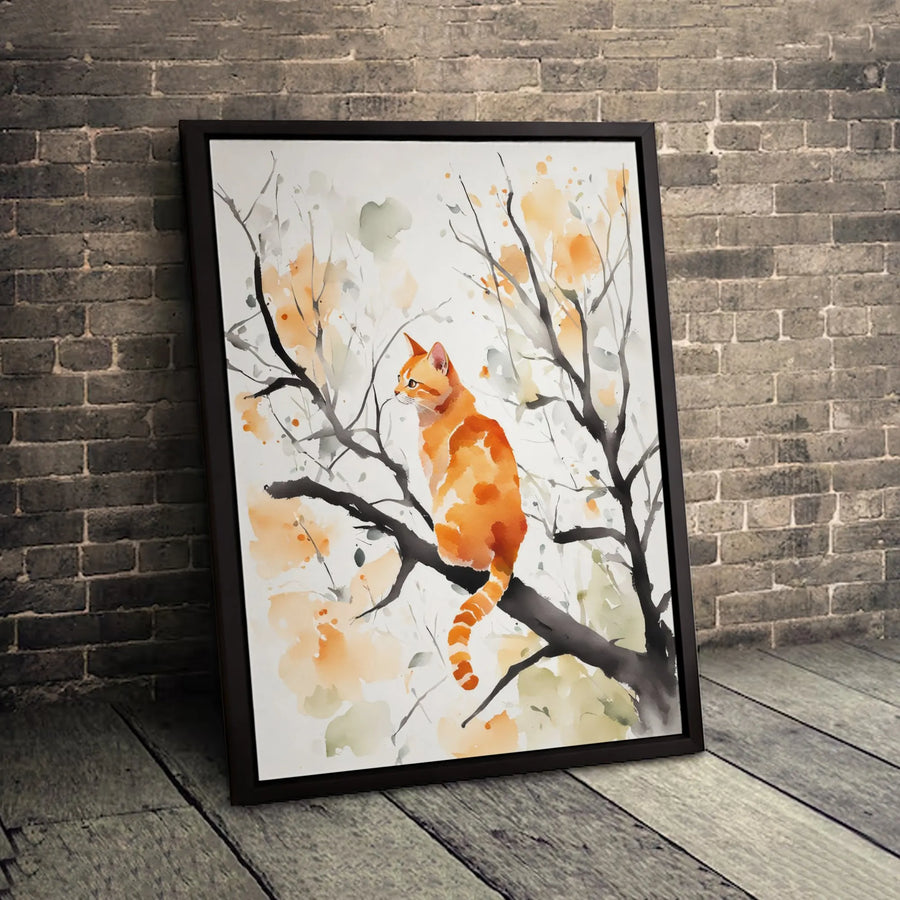 Watercolor Orange Tabby Cat Canvas | Artistic Tree Branch Illustration | Gallery-Wrapped Premium Wall Art | Cat Lover Gift Home Decor