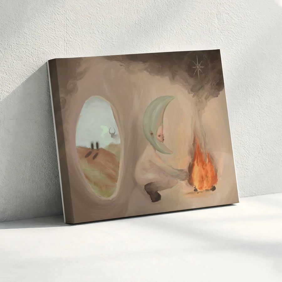 Surreal Moon Person Canvas Print | Mystical Campfire and Star Art | Premium Gallery Wrap Canvas | Unique Surrealism Home Decor Gift