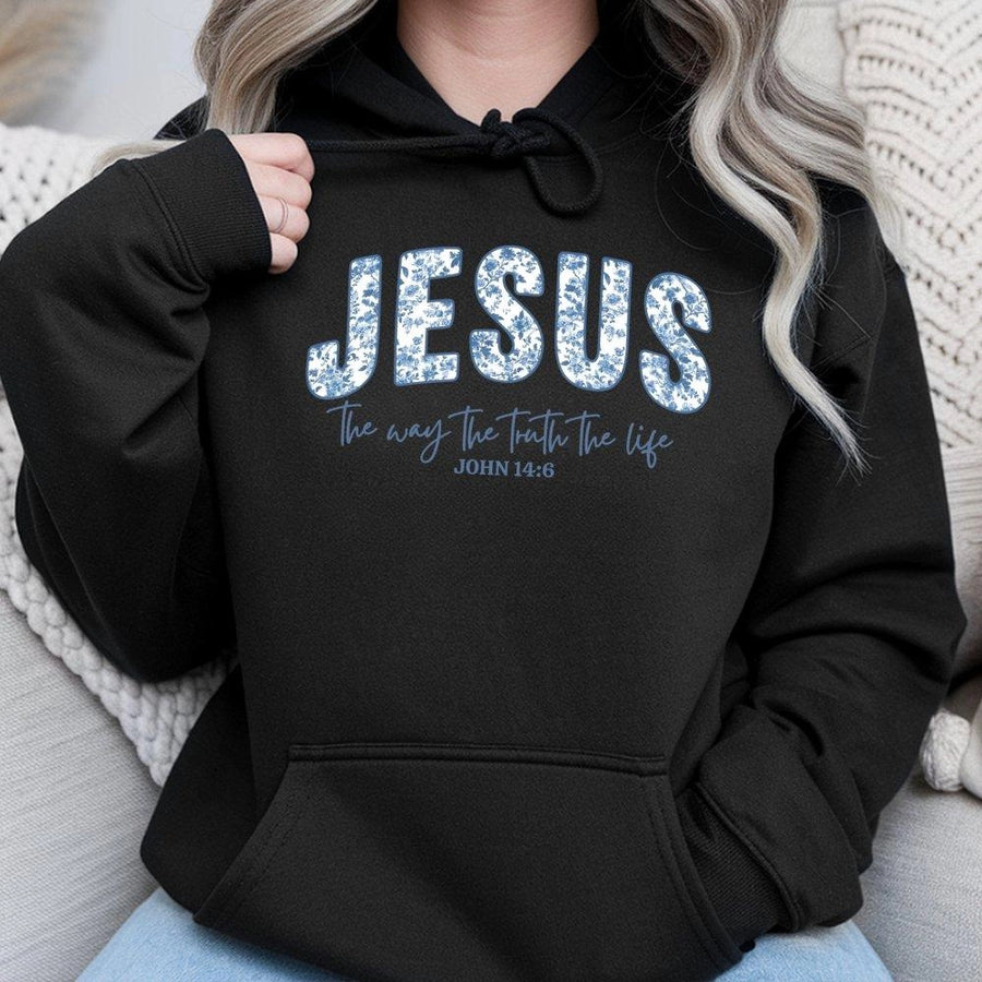 Jesus The Way The Truth The Life Hoodie | Blue Floral Bible Verse Scripture Design | Premium Cotton Blend | Christian Faith Gift for Women and Men
