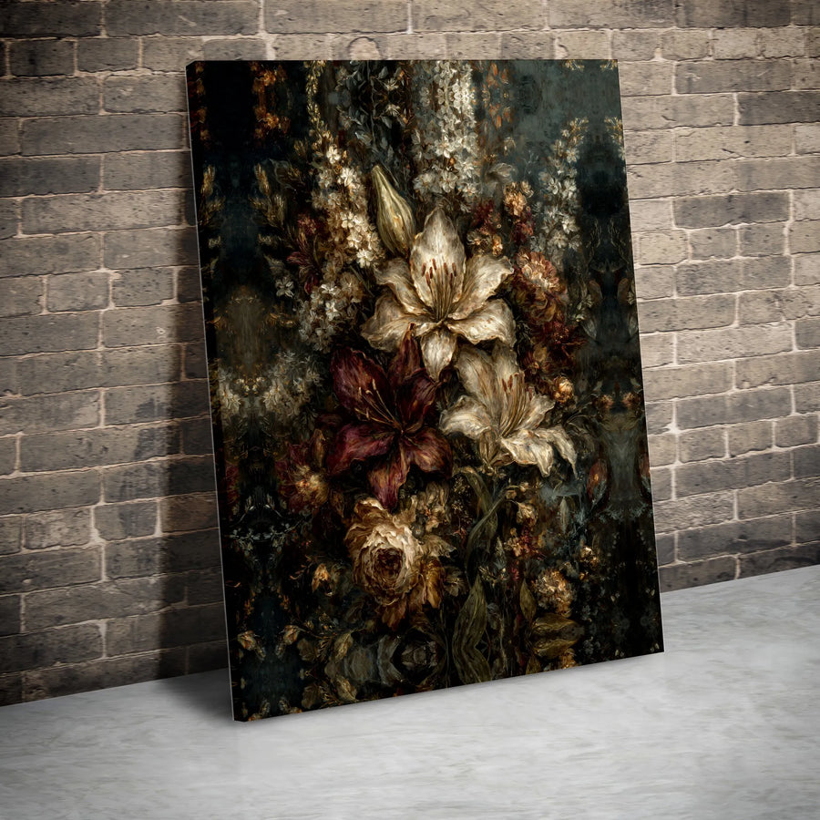 Dark Moody Floral Canvas Wall Art | Vintage Lily Still Life Oil Painting Style | Premium 1.25" Gallery Wrap | Gothic Home Decor Statement Piece