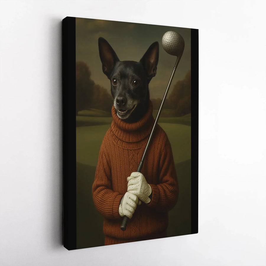 Dog Golfer Canvas Wall Art | Vintage Portrait with Golf Club | Premium Gallery Wrap Decor | Unique Golf Gift for Him