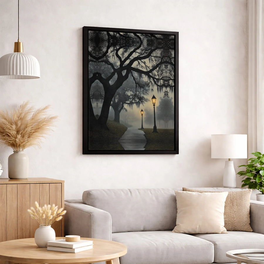 Misty Forest Path Canvas Wall Art | Moody Oak Trees with Spanish Moss | Premium Fade-Resistant Gallery Wrap | Gothic Home Decor Gift
