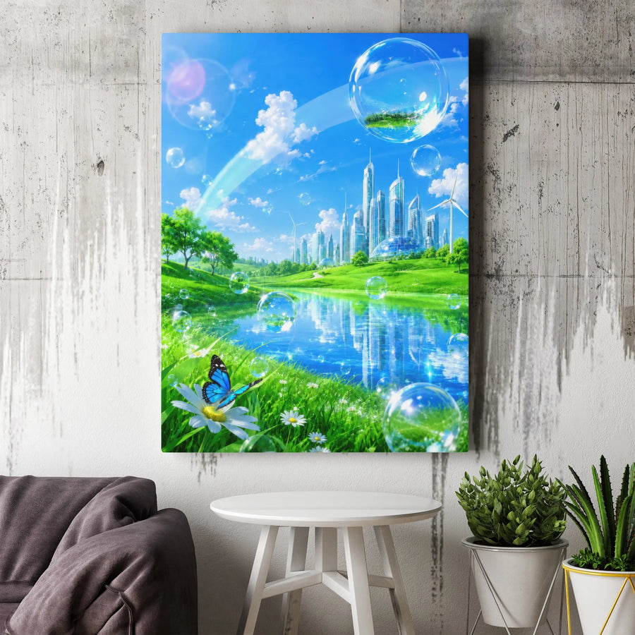 Futuristic City Vertical Canvas | Solarpunk Utopian Landscape with Blue Butterfly & Bubbles | 1.25 Inch Premium Gallery Wrap | Modern Eco-Futurism Wall Art Gift for Living Room