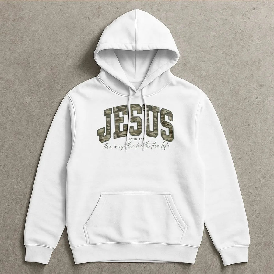 Jesus Camo Hoodie | John 14:6 Bible Verse Graphic | Premium Cotton Blend Faith Apparel | Christian Gift for Men and Women