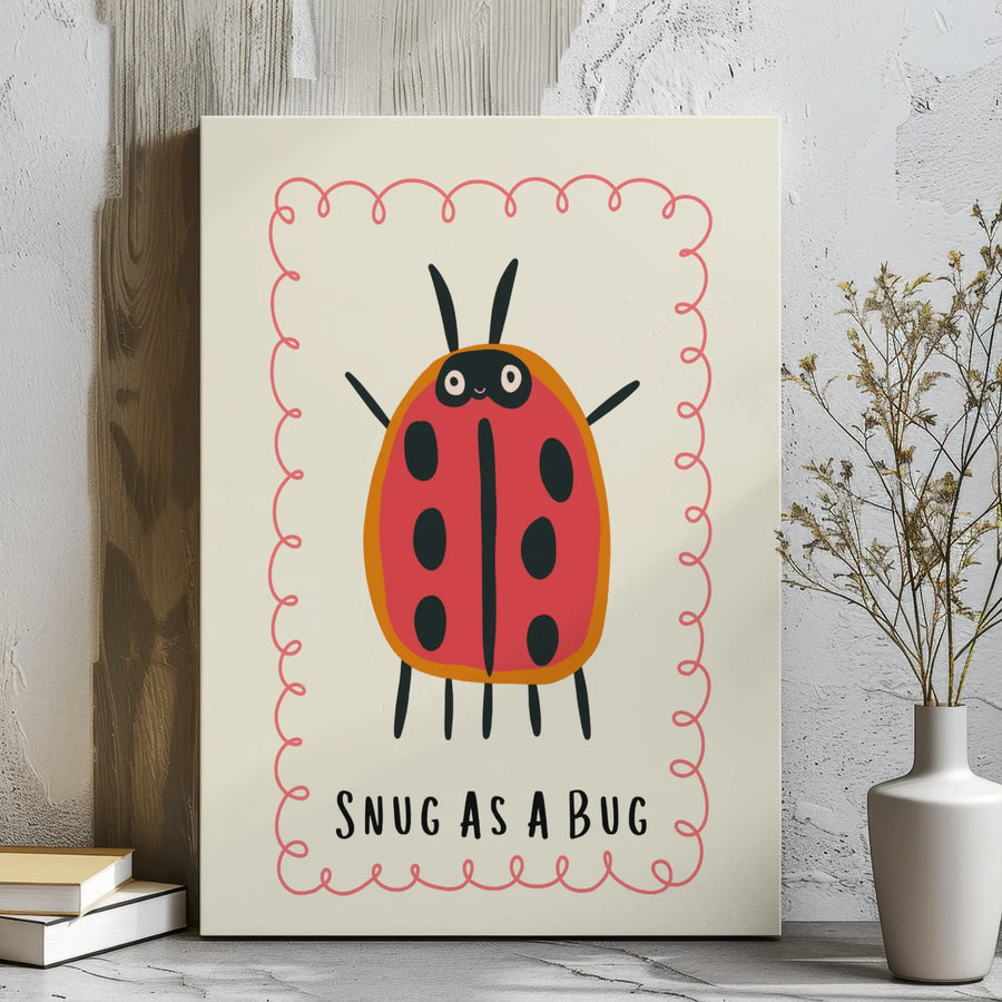 Snug As A Bug Nursery Wall Art | Cute Cartoon Ladybug Illustration | Gallery Wrapped Canvas Print | Whimsical Gender Neutral Baby Room Decor
