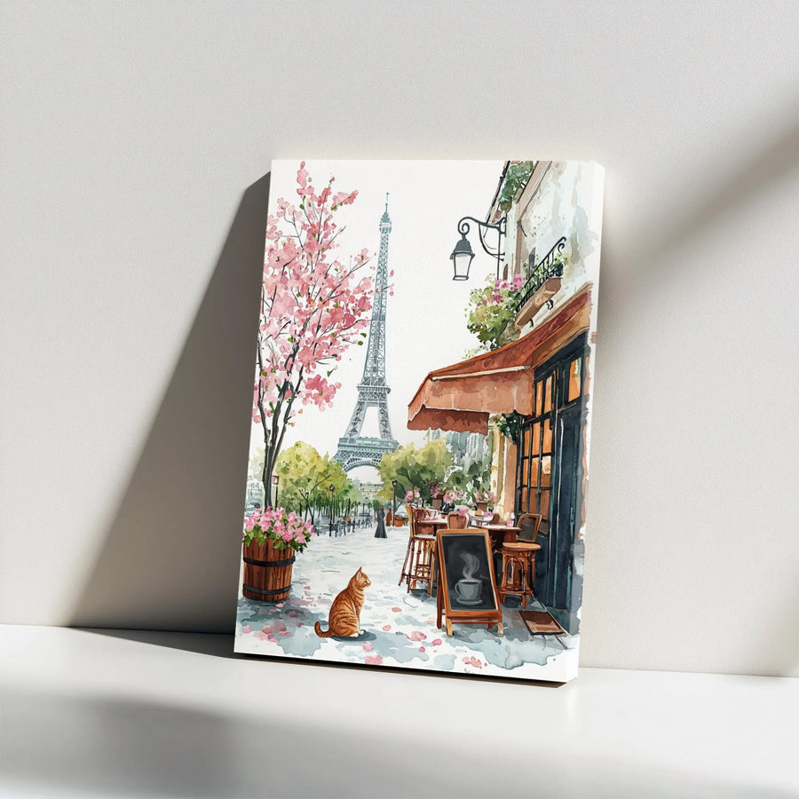 Paris Cafe Eiffel Tower Canvas | Watercolor Street Scene with Cat | Premium Frameless Wall Art | Romantic Living Room Decor Gift