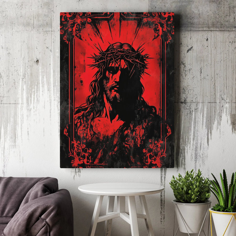 Jesus Christ Canvas Wall Art | Gothic Red and Black Portrait | Premium Gallery Wrap Print | Religious Home Decor Gift