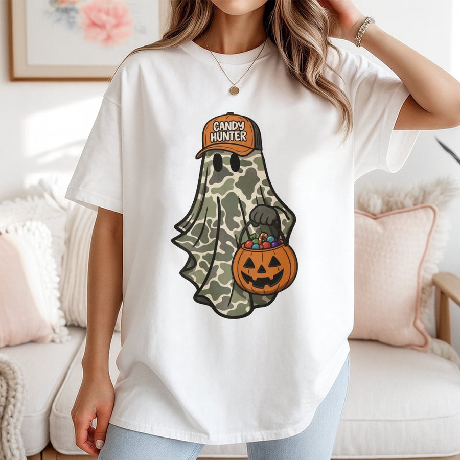 Candy Hunter Ghost T-Shirt | Camo Halloween Graphic Tee | Premium Cotton Soft Shirt | Funny Trick or Treat Apparel for Men and Women
