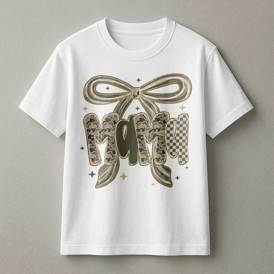Mama Camo Bow T-Shirt | Western Checkered Coquette Aesthetic | Premium Soft Cotton | Stylish Gift for Hunting Mom and Country Girls