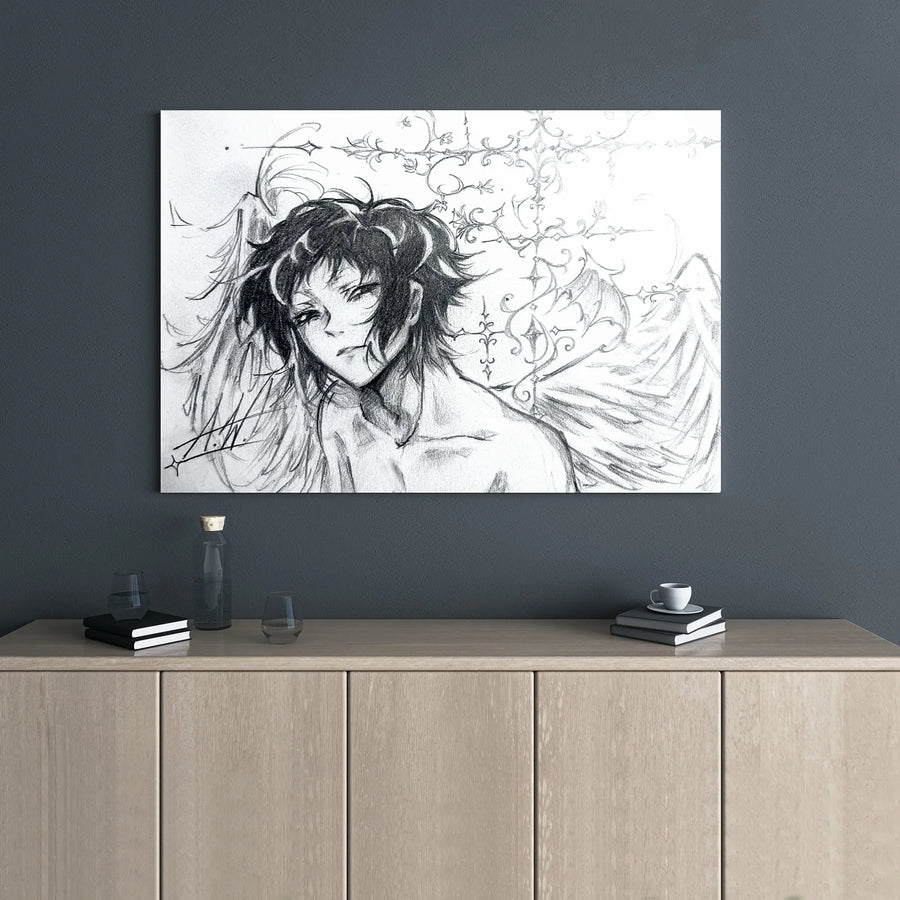 Anime Angel Canvas Wall Art | Gothic Filigree Pencil Sketch Print | Premium 1.25" Gallery Wrap | Dark Aesthetic Decor for Bedroom or Studio
