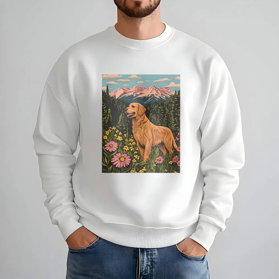 Golden Retriever Sweatshirt | Nature Hiking Mountain Graphic | Premium Cotton Blend | Gift for Dog Lover and Outdoor Adventurer