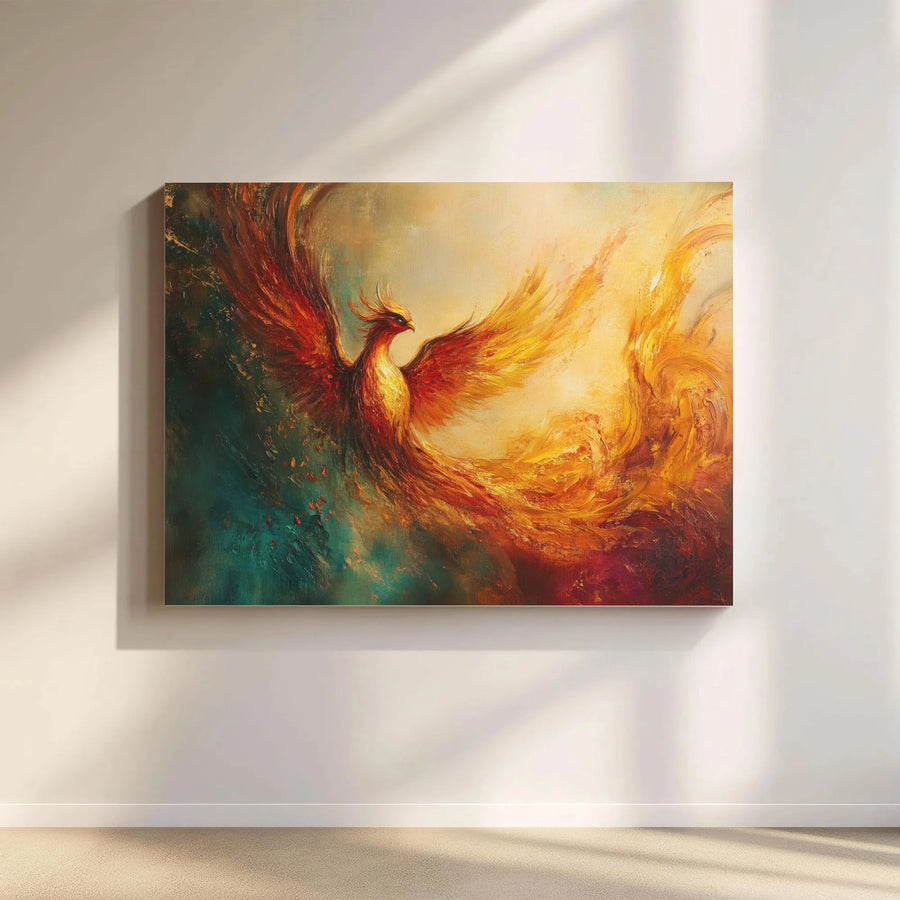Fiery Phoenix Canvas Wall Art | Rising Phoenix Abstract Oil Painting Print | Premium 1.25” Gallery Wrap | Mythical Bird Decor for Living Room