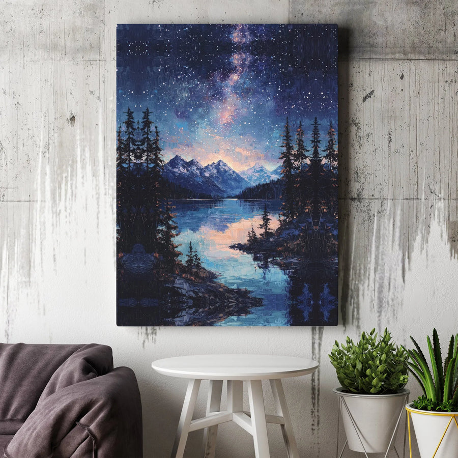 Starry Night Mountain Lake Canvas Print | Textured Impasto Style Night Sky | Premium Gallery Wrapped Canvas | Modern Home Decor Gift for Nature Lovers