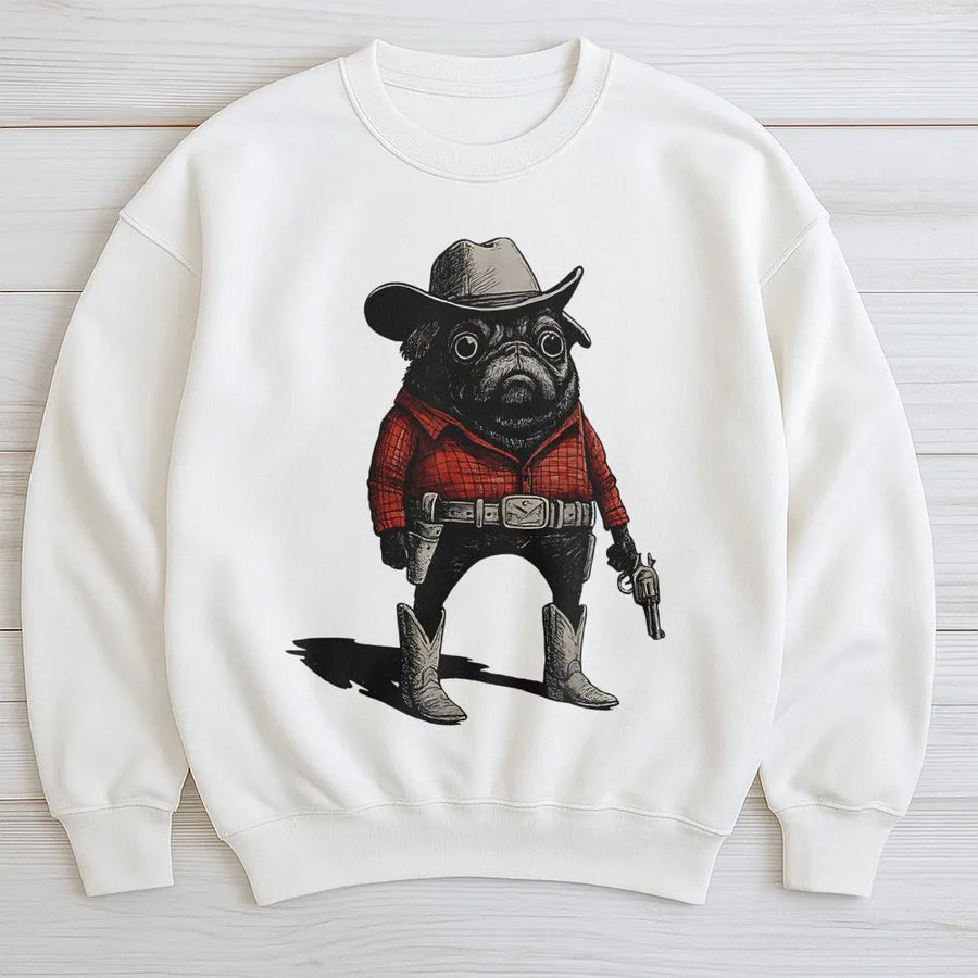 Cowboy Pug Sweatshirt | Funny Western Dog Graphic Tee | Premium Cotton-Blend Pullover | Unique Animal Lover Gift for Men and Women