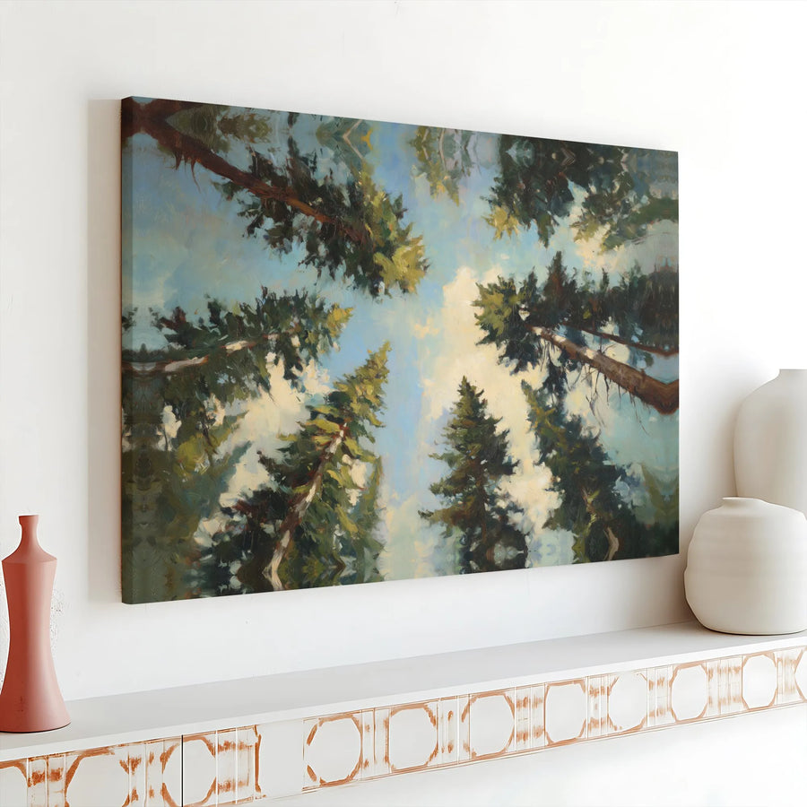 Pine Forest Canopy Canvas Art | Looking Up Into Treetops Nature Print | 1.25 Inch Gallery Wrap Premium Decor | Calming Woodland Gift For Home Office