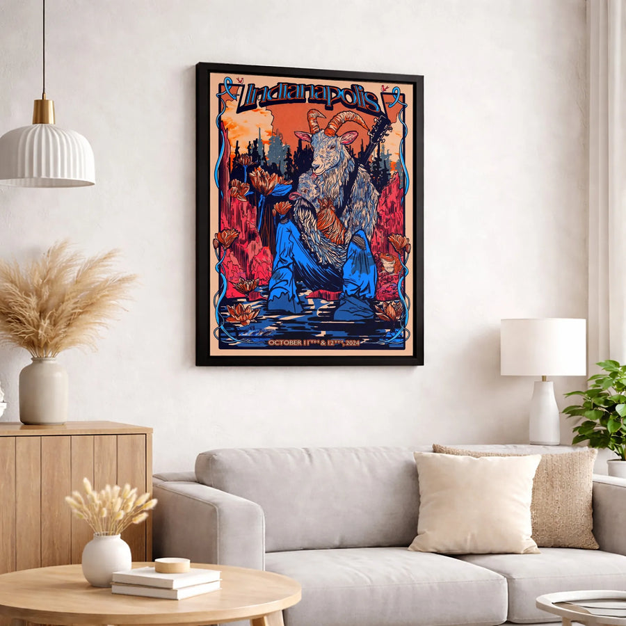 Indianapolis Concert Poster Wall Art | Psychedelic Goat & Guitar Design | 1.25" Premium Gallery Canvas | Unique Music Memorabilia Gift