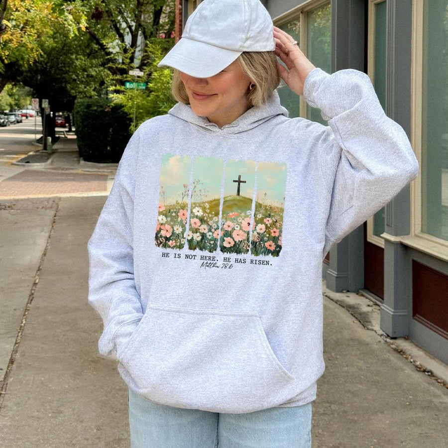 He Is Risen Hoodie | Matthew 28:6 Wildflower Cross Design | Premium Cotton-Blend Apparel | Christian Easter Gift for Women & Men