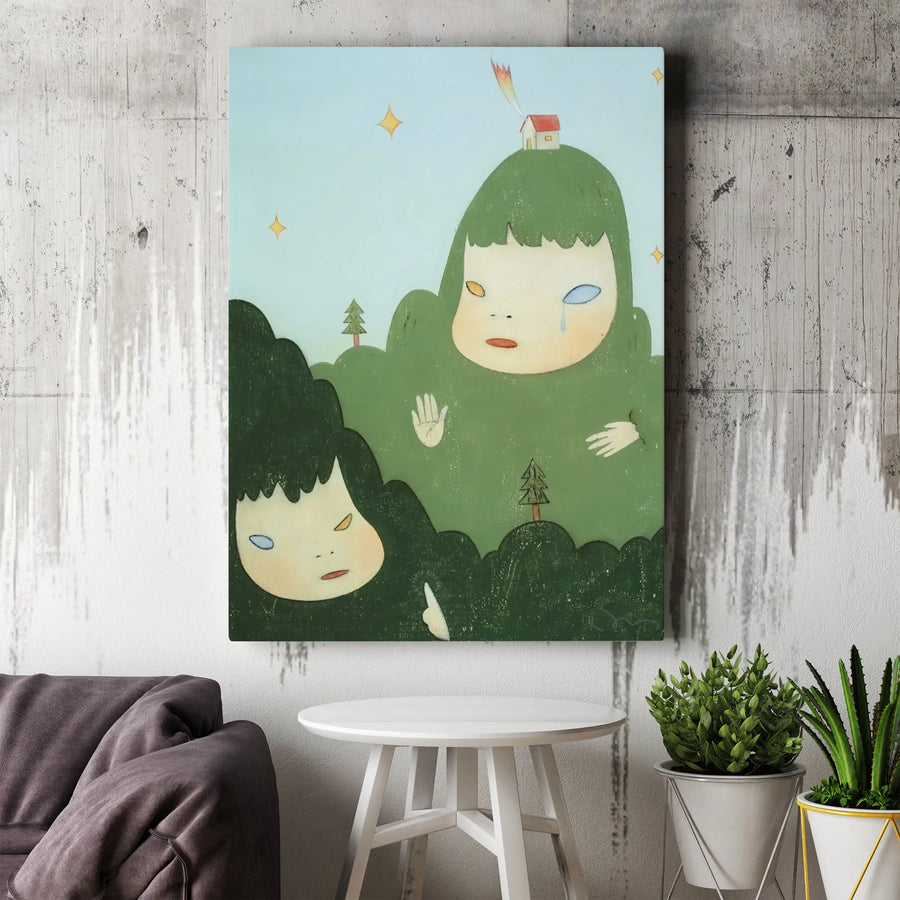 Surreal Landscape Canvas Wall Art | Whimsical Crying Child & Forest House Illustration | Premium Gallery Wrap Print | Modern Home & Office Decor Gift