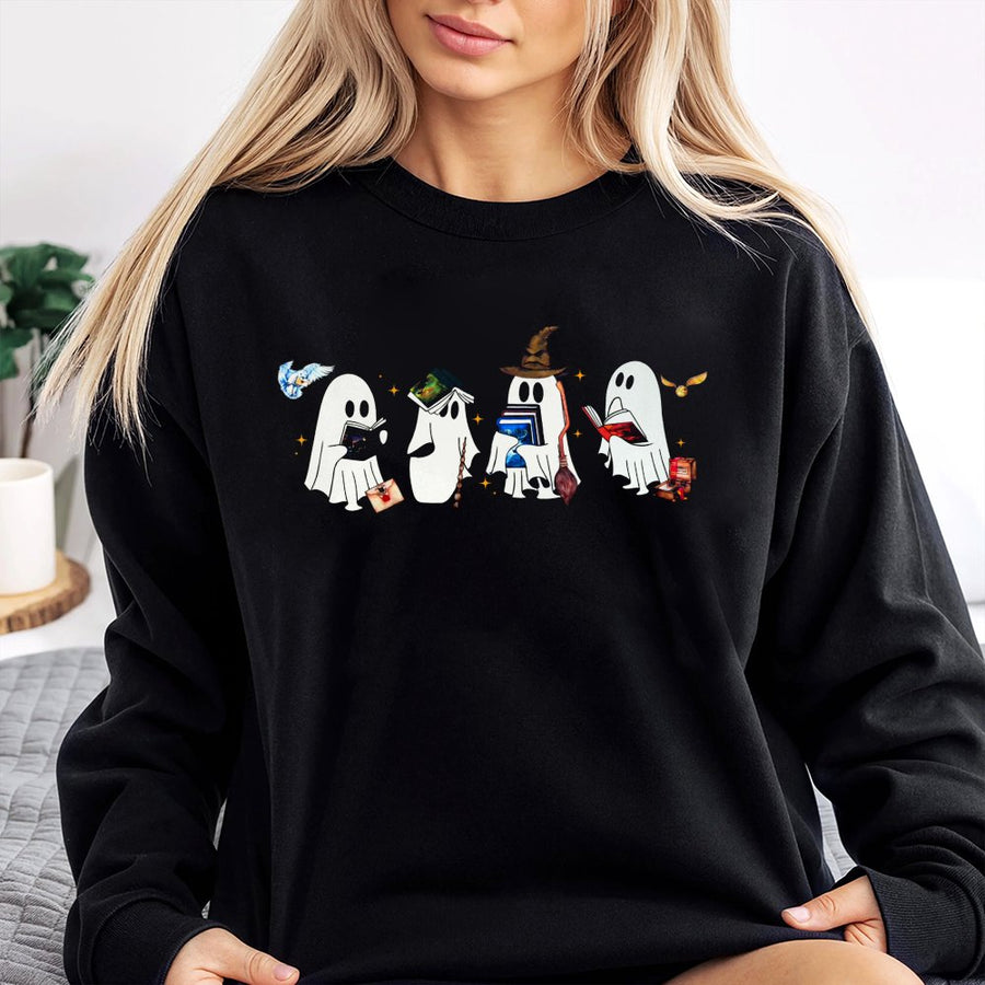Wizard Ghost Sweatshirt | Bookish Magic Graphic Print | Premium Cotton Blend | Cozy Halloween Gift for Readers and Fantasy Fans