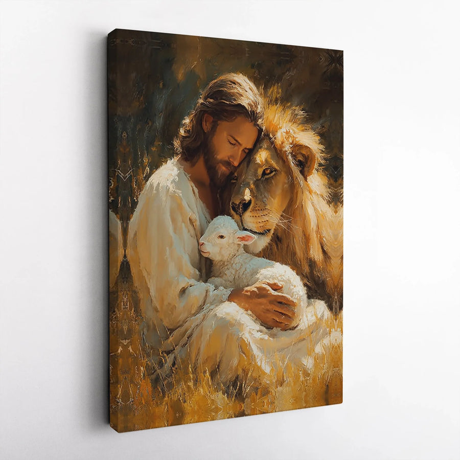 Lion and Lamb Canvas Print | Jesus with Lion of Judah Painting | Premium Gallery Wrapped Canvas | Christian Home Decor Gift