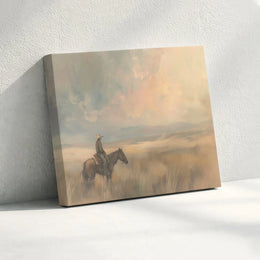 Western Cowboy Canvas Wall Art | Lone Rider at Sunrise Painting | Premium Thick Gallery Canvas | Rustic Farmhouse Decor Gift