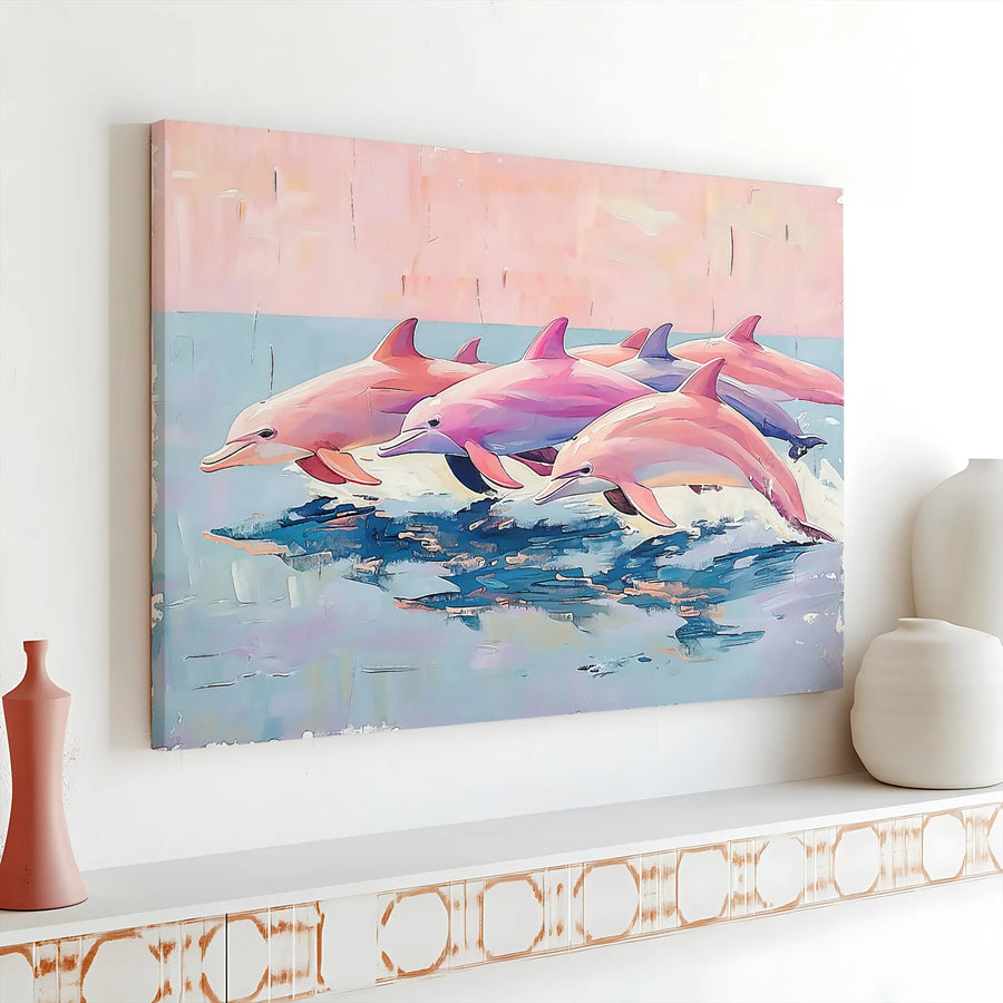 Pink Dolphin Canvas Art | Coastal Ocean Wildlife Wall Decor | Premium Gallery Wrap Print | Modern Beach House Decor for Living Room