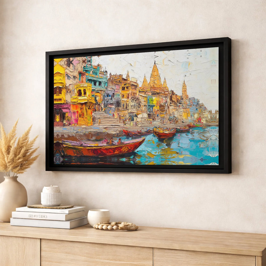 Varanasi Ghats Canvas Art | Colorful Impasto River Landscape | Premium Gallery Wrap Print | Home Office Decor Gift