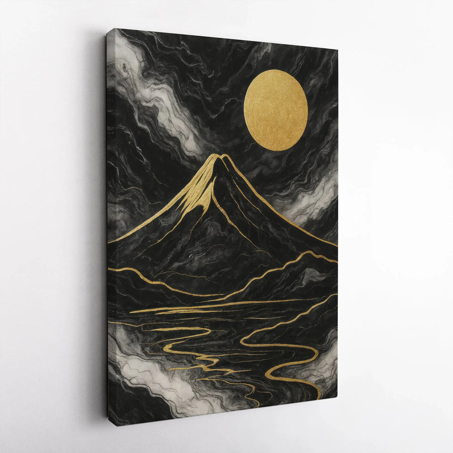 Abstract Mountain Canvas Wall Art | Gold Sun Black Landscape Print | Premium Gallery Wrap Decor | Modern Minimalist Living Room Gift
