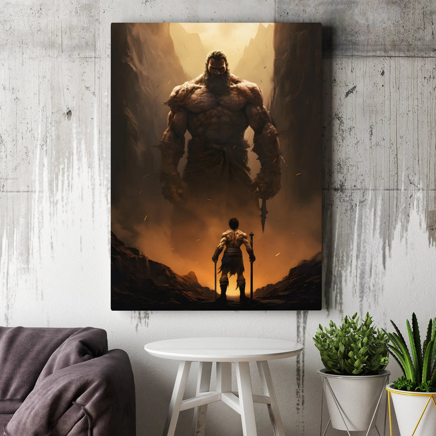 Warrior vs Giant Titan Fantasy Canvas Print | Epic Mythology Wall Art | Premium Gallery Wrap Decor | Gift for Gamer and Fantasy Lover