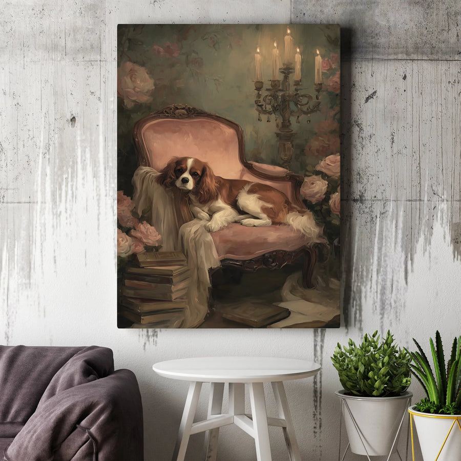 Cavalier King Charles Spaniel Wall Art | Vintage Portrait with Pink Chair and Candles | Premium Gallery-Wrapped Canvas | Dog Lover Home Decor Gift