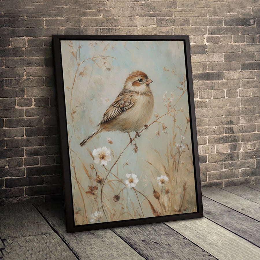 Sparrow Bird Canvas Wall Art | Vintage Botanical Wildflower Print | Premium Gallery-Wrapped 1.25" Profile | Nature-Inspired Home Office Decor Gift