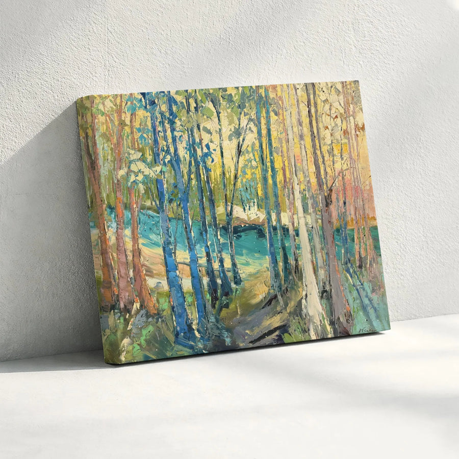 Creek Side Birch Forest Horizontal Canvas | Impressionist Palette Knife Style Teal & Gold Landscape Art | Premium 1.25” Thick Gallery Wrap | Serene Nature Decor Gift for Living Room