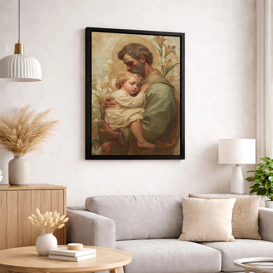 Saint Joseph Holding Baby Jesus Canvas | Religious Wall Art with White Lilies | Premium Fade-Resistant Print | Catholic Home Decor Gift